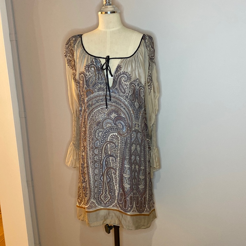 ZARA Size M Paisley Silk Boho Shift Dress in Gray, Blues, Violets, Brown, White